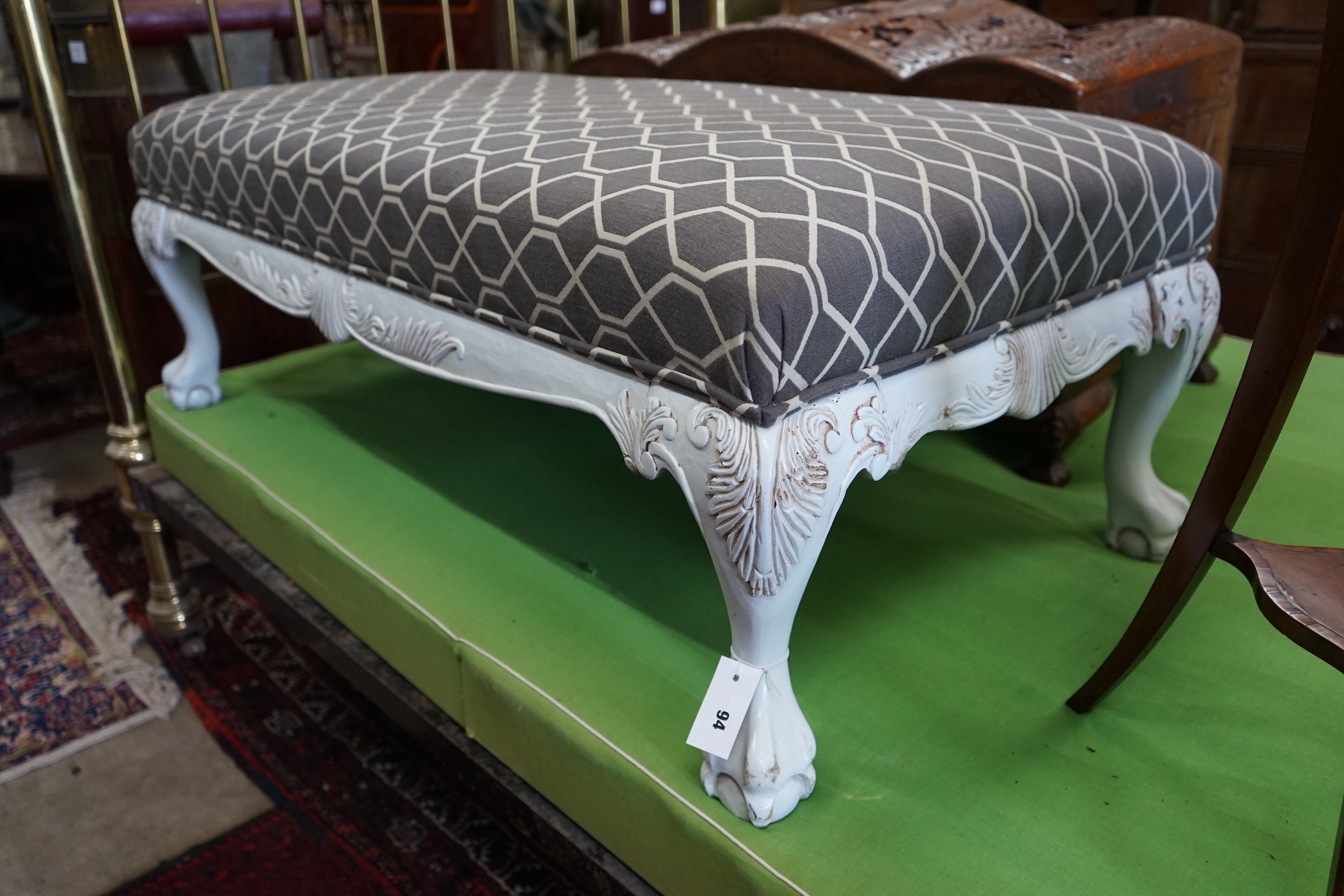 An 18th century style painted rectangular footstool upholstered in Sanderson Trellis Flint fabric. length 133cm, depth 65cm, height 46cm